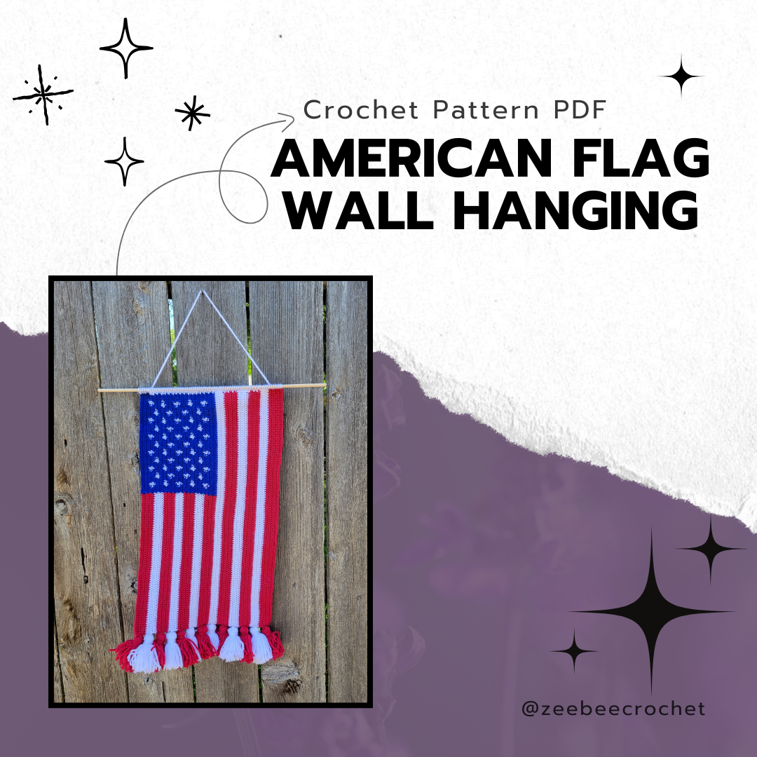 Crochet American flag wall hanging on a wooden board with text about a crochet pattern PDF.