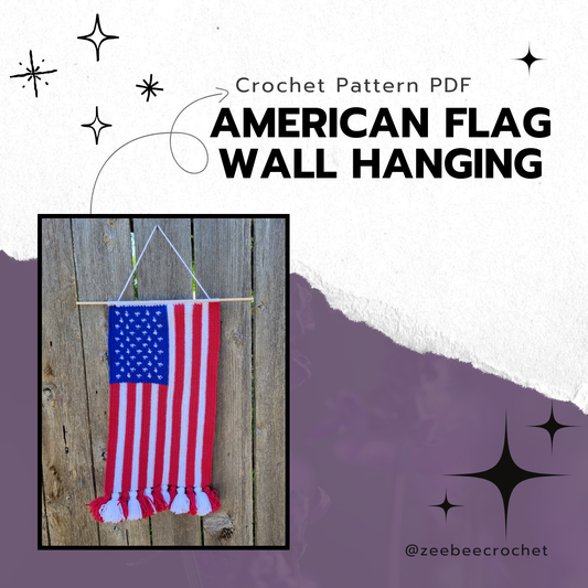 Crochet American flag wall hanging on a wooden board with text about a crochet pattern PDF.