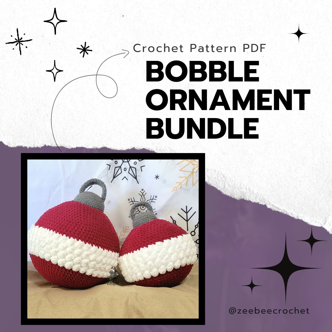 Crochet pattern bobble ornament bundle with picture of red round ornament pillows with a purple and white background.