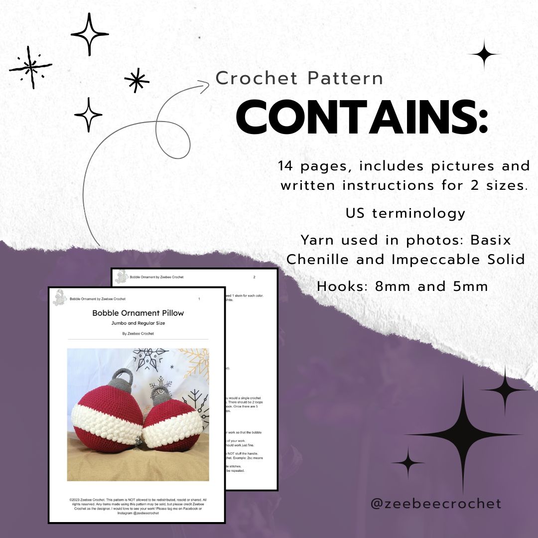 Crochet pattern details with text and images of a crochet project. The pattern contains 14 pages for 2 different size pillows, written with US terminology, Impeccable yarn and Basix chenille yarn were used and recommends hooks 8mm and 5mm