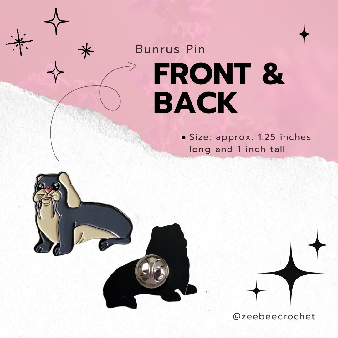 Bunrus pin with front and back views on a pink and white background with the size measurements, 1.25 inches long and 1 inch tall