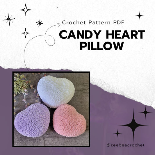 Crochet pattern PDF for a candy heart pillow with three heart-shaped pillows on a textured surface. 