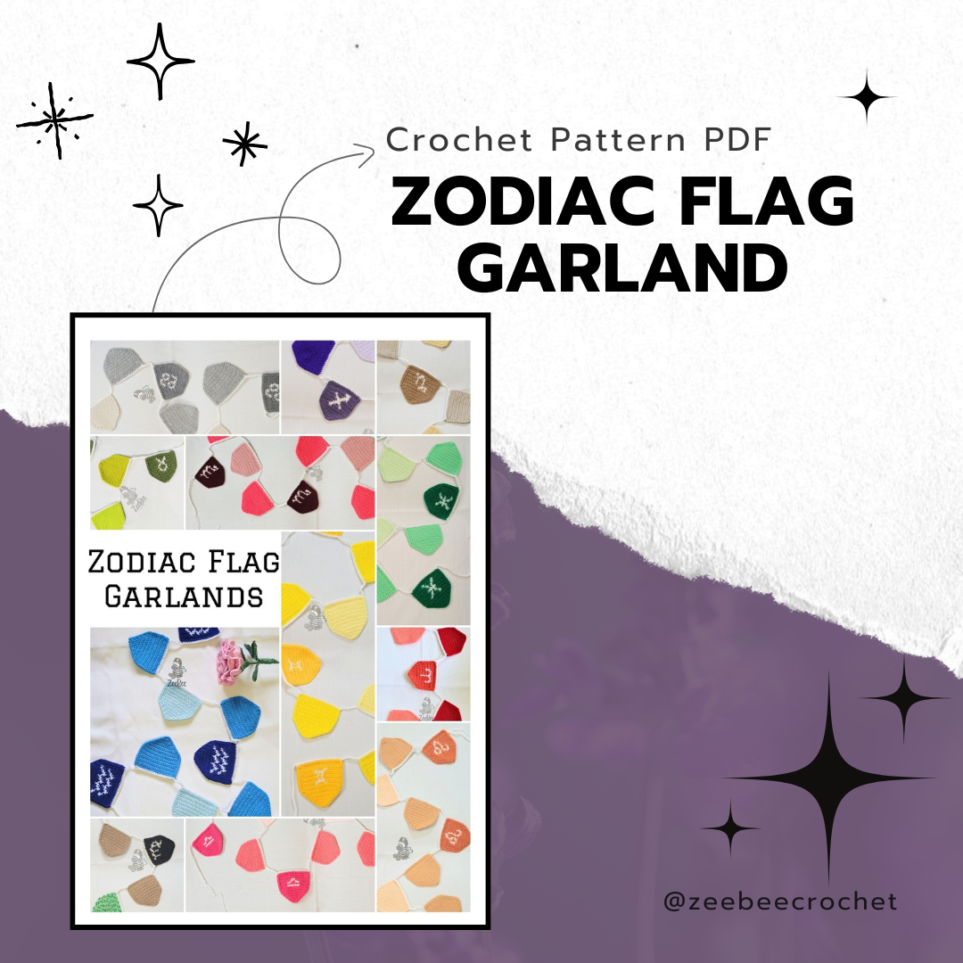 Zodiac flag garland crochet pattern PDF with colorful designs on a white background.