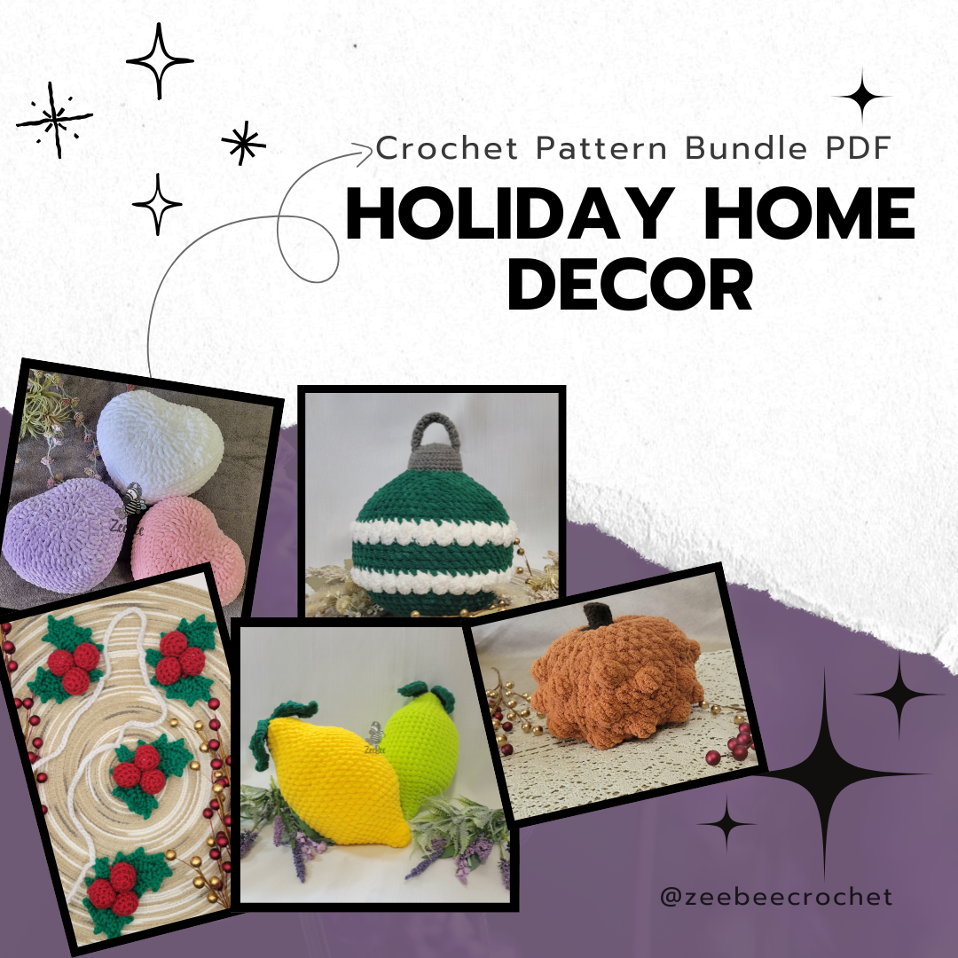 Crochet pattern bundle for holiday home decor with images of crocheted items on a white and purple background.