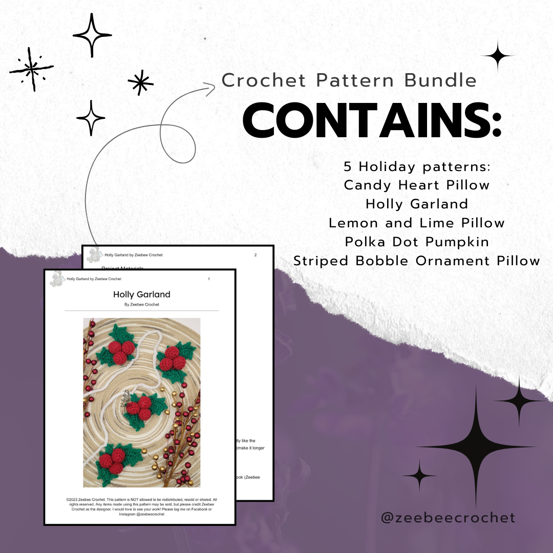 Purple and white background with text that talks about what patterns are included in the pattern bundle, the list can be found in the description as well. There is a picture of the cover page of one of the patterns in the bottom left corner.