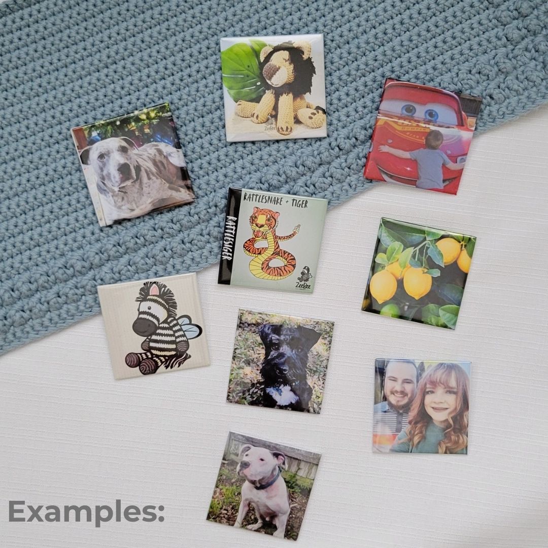 Collection of small photo magnets, showcasing some examples of what pictures can be used on a textured surface