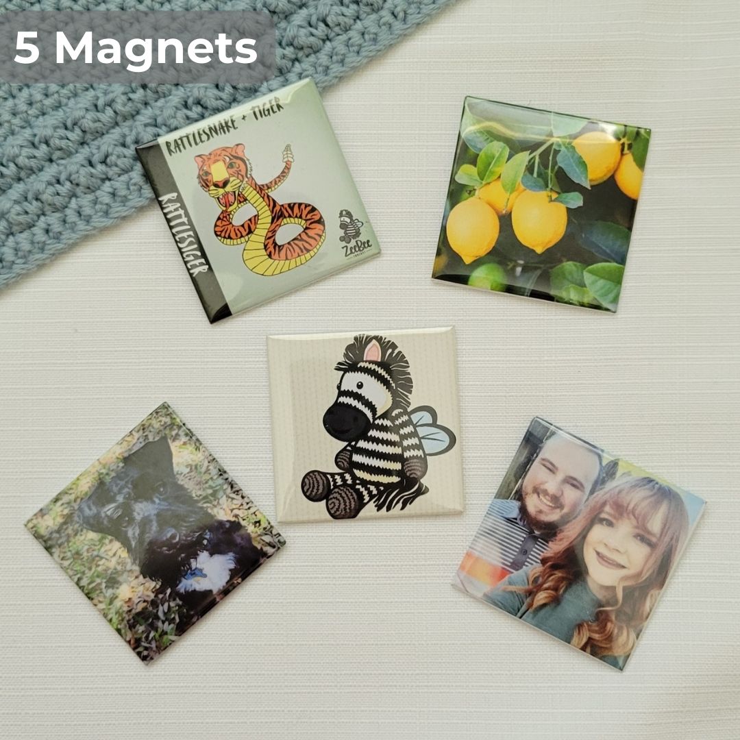 Five photo magnets with various example photos on a textured surface