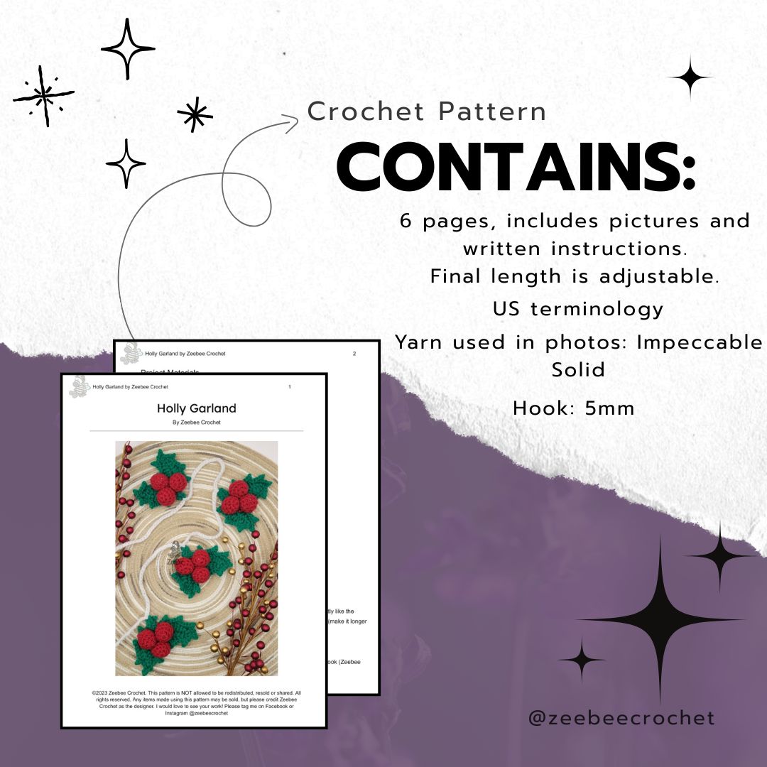 Crochet pattern description with a sample design and details on a white and purple background. Included is 6 pages of written instructions, US terminology, impeccable yarn used and 5mm hook