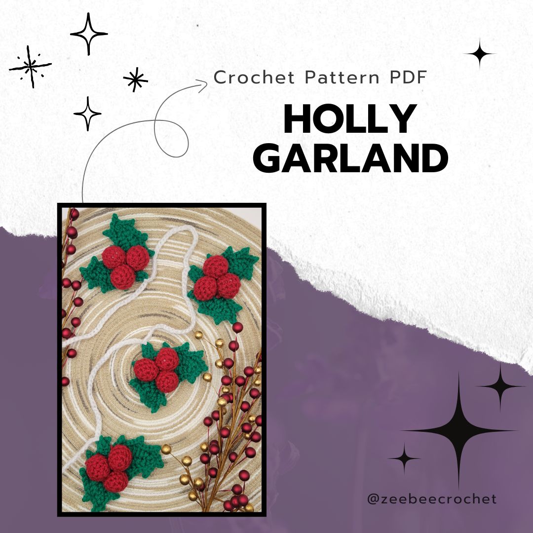 Crochet pattern PDF for Holly Garland with decorative elements on a white and purple background.