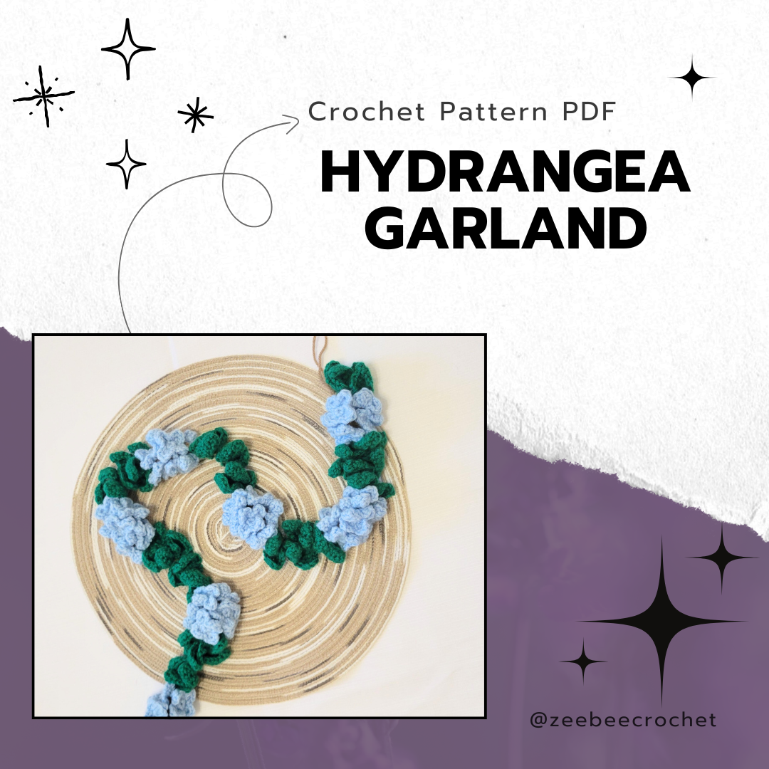 Crochet pattern PDF for Hydrangea Garland with decorative elements on a white background.