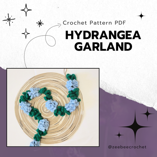 Crochet pattern PDF for Hydrangea Garland with decorative elements on a white background.