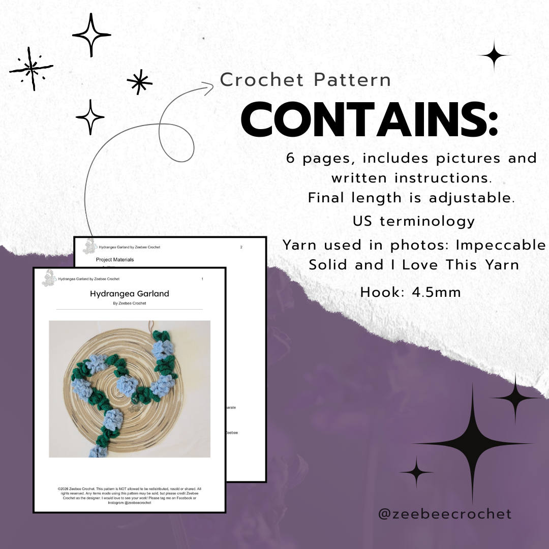 Crochet pattern description with a sample image of a Hydrangea Garland and text details. 6 pages of written instructions, us terminology and more details in listing description.