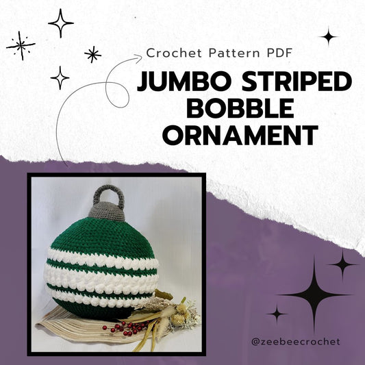 Crochet pattern PDF for a jumbo striped bobble ornament with green, white, and gray colors on a white background.