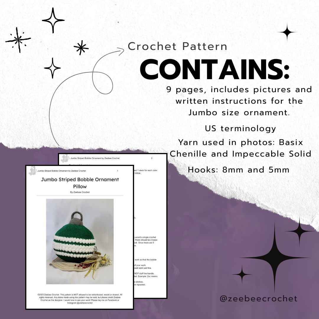 Crochet pattern for a jumbo striped bobble ornament pillow with yarn and hook information on a white and purple background. 9 pages, in US terminology, basix chenille and impeccable solid yarns were used as well as an 8mm hook and 5mm hook