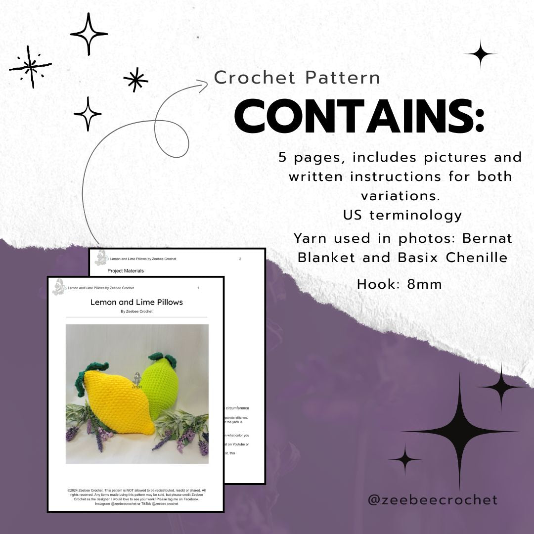 Crochet pattern description with text and a small image of lemon and lime pillows. 5 pages of pattern, us terminology, bernat blanket yarn and basix chenille yarn used and a 8mm hook is recommended