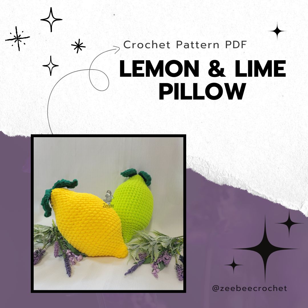 Crocheted lemon and lime pillow with decorative elements on a white background, featuring the text 'Crochet Pattern PDF Lemon & Lime Pillow' and '@zeebeecrochet'.