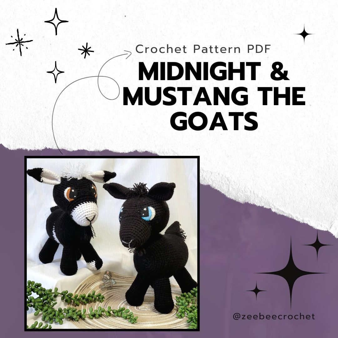 Crochet pattern PDF for 'Midnight & Mustang the Goats' with two black goats, one has white on it on a white background.