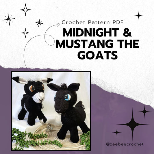 Crochet pattern PDF for 'Midnight & Mustang the Goats' with two black goats, one has white on it on a white background.