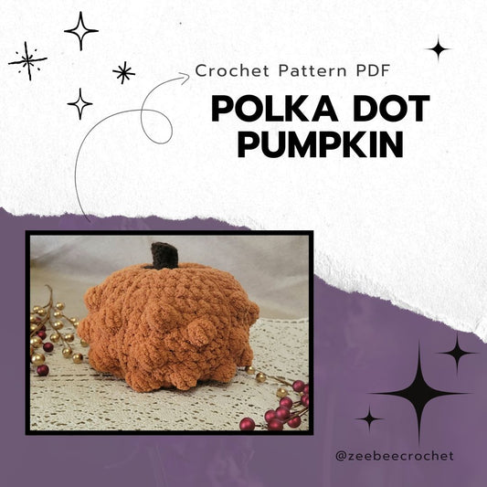 Crocheted polka dot pumpkin pdf with decorative elements on a white background 