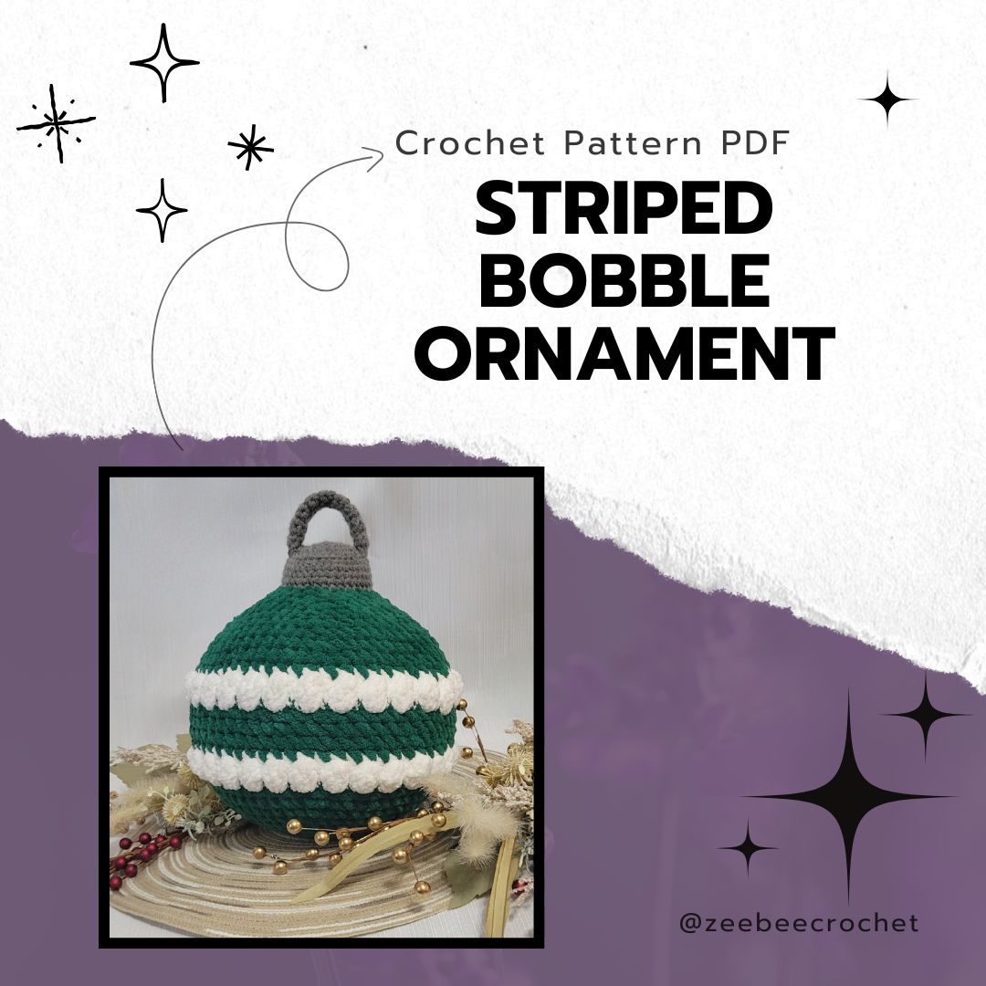 Striped bobble ornament with text 'Crochet Pattern PDF Striped Bobble Ornament' and '@zeebeecrochet' on a white and purple background.