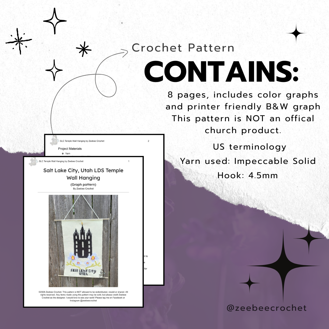 Crochet pattern description with text and a small image of a wall hanging on a purple and white background. slc temple wall hanging, includes color graphs and black and white graph for printers. It is NOT an official church product.
