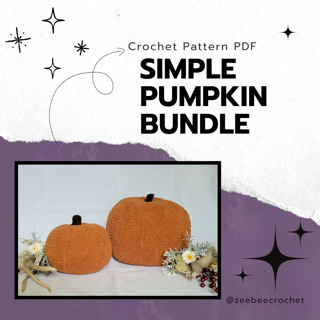 Crochet pattern PDF for 'Simple Pumpkin Bundle' with two pumpkins and decorative elements on a white background.
