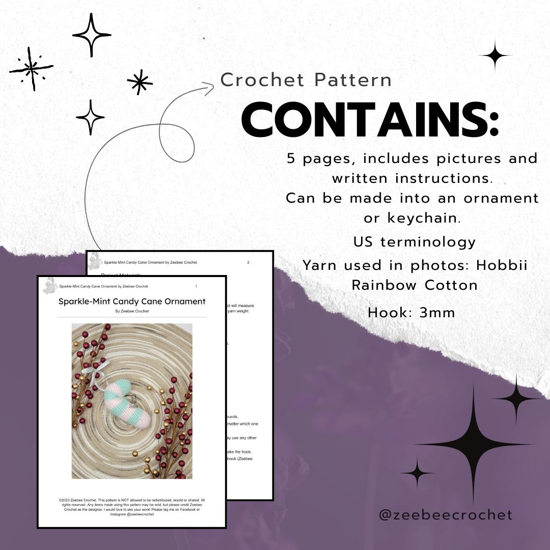 Crochet pattern information page with text and a sample image on a white and purple gradient background. 5 pages of written instruction, can be made into a keychain or ornament, us terminology, Hobbii rainbow cotton yarn used and 3mm hook