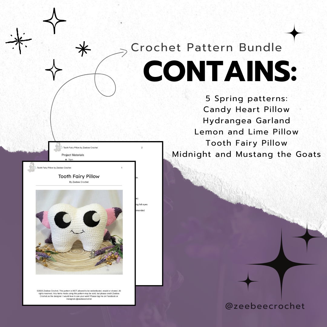 Crochet pattern bundle info page with a list of all the patterns included in the bundle. List is also found in the description.