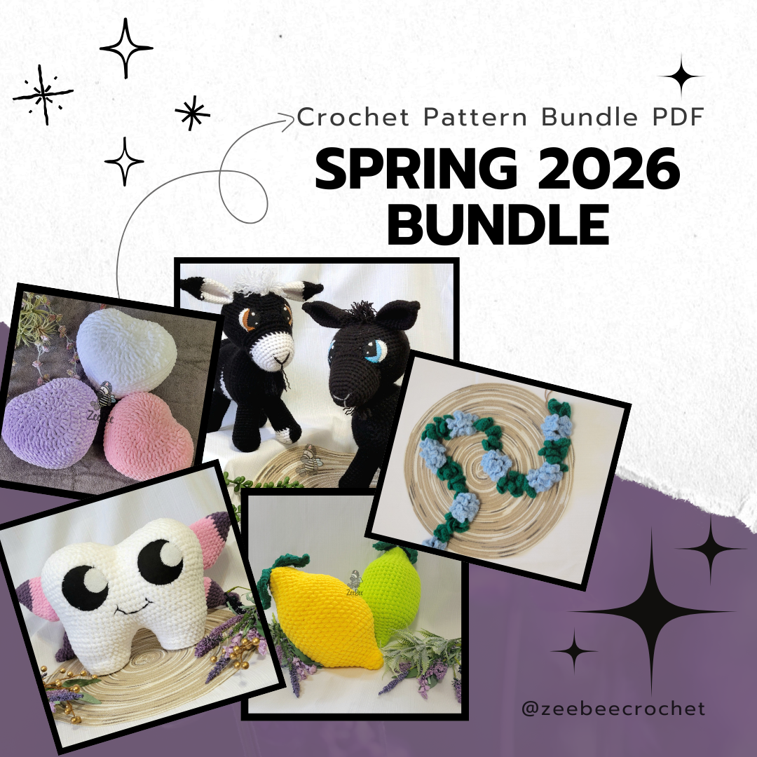 Promotional image for a crochet pattern bundle with various crocheted items and text overlay.