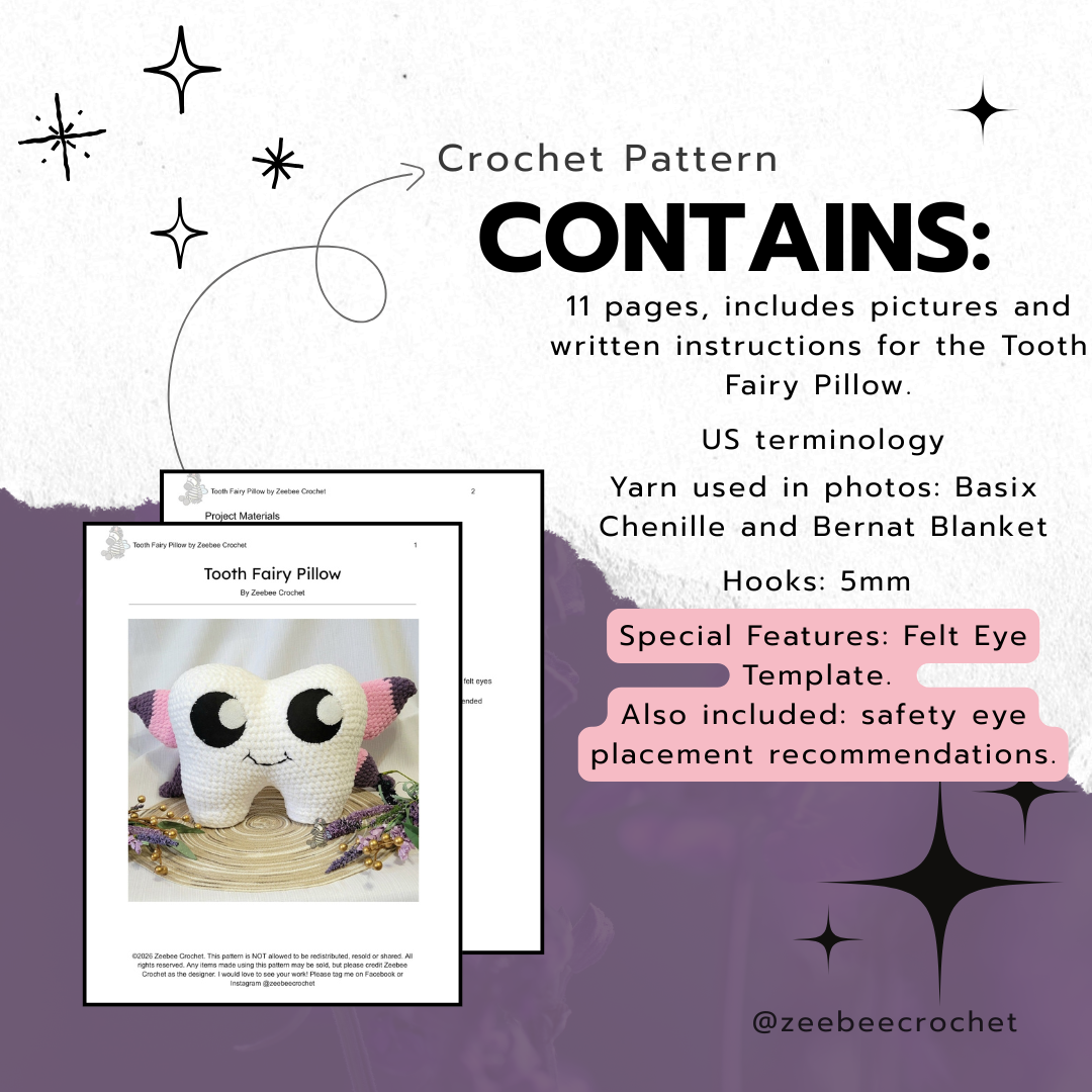 Crochet pattern for a Tooth Fairy Pillow with text detailing contents and features on a white and purple background. felt eye templates, 11 pages, pocket suggestion, us terminology and more in listing description.