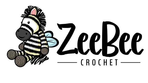 Logo for Zeebee Crochet with a zebra-bee character that looks like a crochet plushie known called a Zeebee.