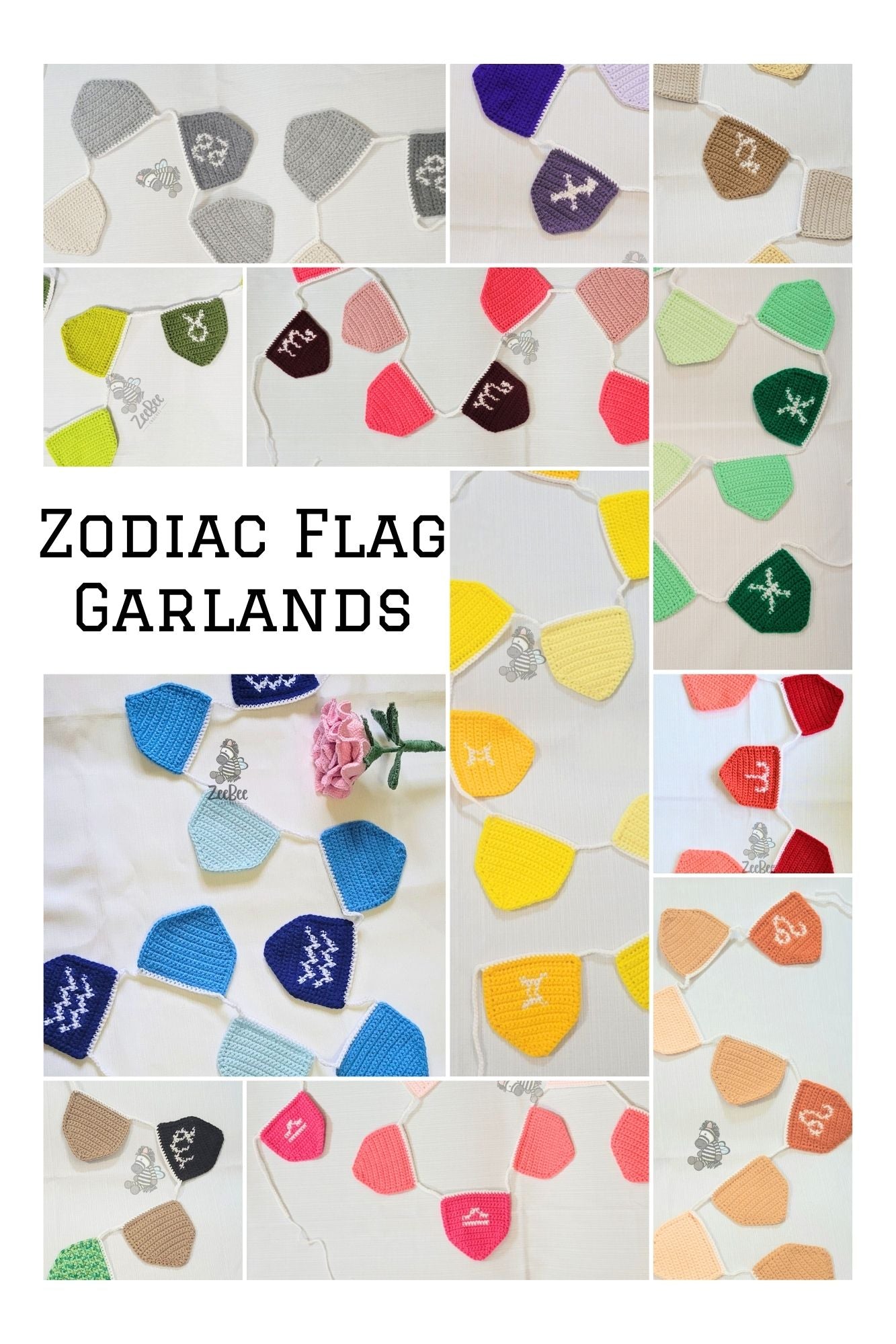 Collage of zodiac flag garlands in various colors and designs.