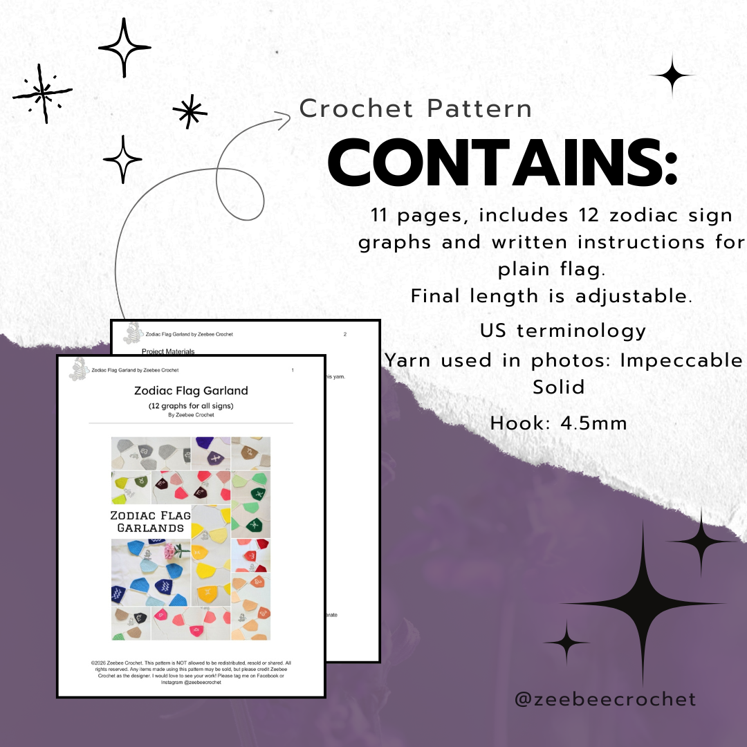 Crochet pattern description with zodiac sign graphics on a white and purple background. 11 pages, 12 color graphs for the zodiac signs, us terminology and more information found in listing description