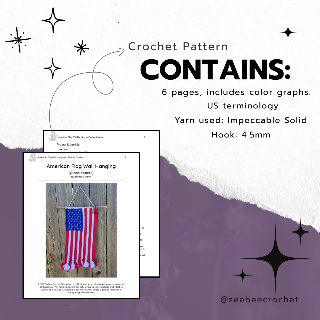 Crochet pattern for an American flag wall hanging with text detailing the pattern's features. pattern includes a color graph and 6 pages total.